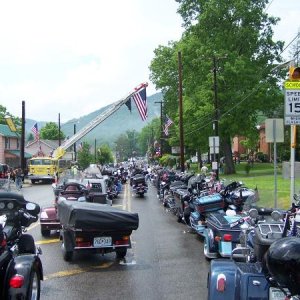 Bunch of bikes in front of Elementary School in Rainelle, WV.  Last layover before the Wall in DC>