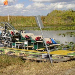 Sideveiw of empty airboat. This baby is powered by a 454 chevy turning two huge counter rotating props that are enough to push it down the interstate 